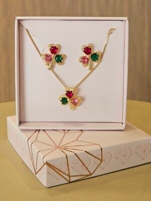 Conjunto Trevo cores Folheado ouro 18k