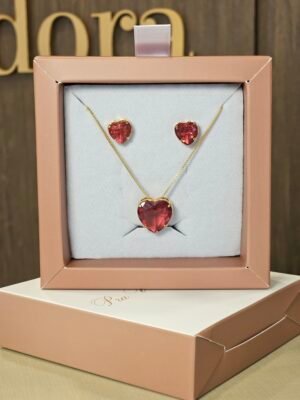 Conjunto Coração Red Folheado a Ouro 18k